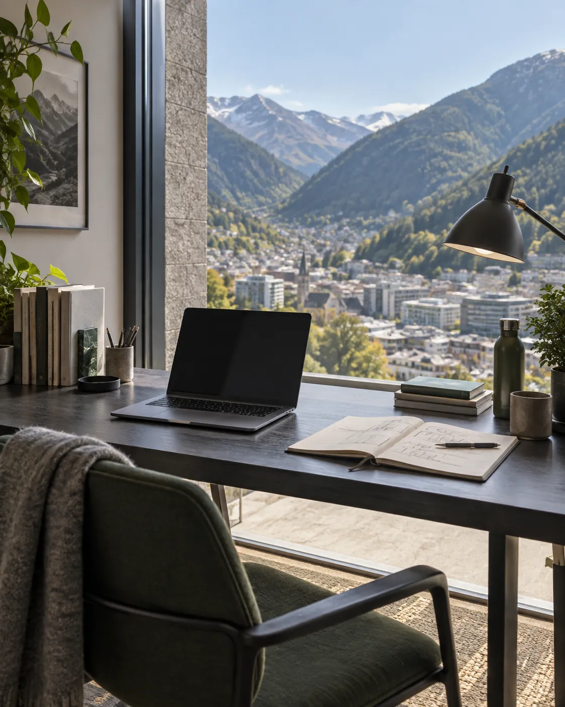 Ilustración de un espacio de trabajo junto a las montañas de Andorra